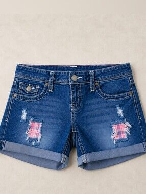 Maurices Denim Distressed Women Shorts With Cute Pink Plaid Patches. Size 3/4